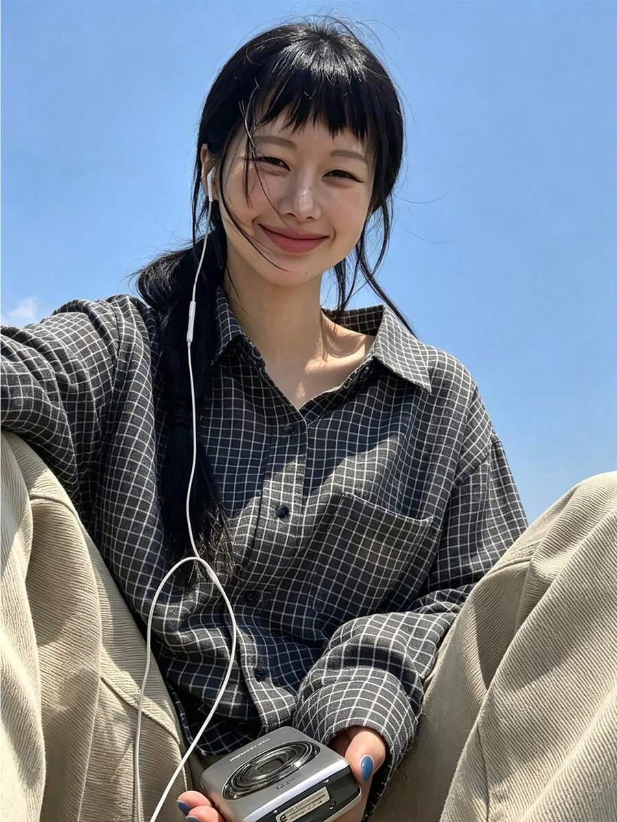 YCYC 韓系復古小眾 Ins 風皺褶格紋長袖 Polo 衫女款慵懶外套黑色 - 黑色 - 查看 1