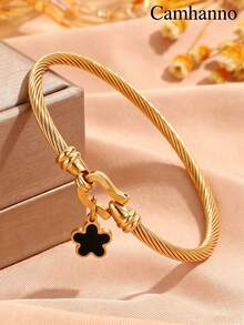 Camhanno 1pc Fashionable Luxury Minimalist Stainless Steel Heart Bracelet, Suitable For Women's Daily Wear, Non-Fading - Gold - View 18