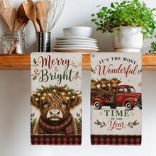 2PCS Christmas Highland Cow & Truck Pattern Printed 40*60cm Country Vintage Style Rectangular Microfiber Soft Kitchen Towels, Dish Cloths, Tablecloths, Hand Towels, Christmas Home Decor, Bathroom & Kitchen Decor, Neighbor Housewarming Gift, Perfect For Kitchen & Bathroom Use, Suitable For Housewives And Family Gatherings, High Value, Household Essential - Multicolor - View 8