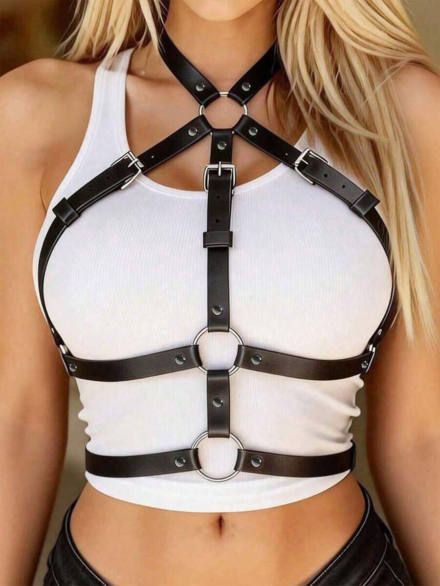 1 dây đai ngực nữ bằng da PU phong cách Gothic Punk, dây trang trí phù hợp cho Halloween, tiệc lễ hội và biểu diễn sân khấu - màu đen - Xem 1