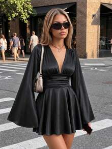 Elegant V-Neck Backless Ruffle Twist Long Sleeve Sexy Fitted Waist Slim Mini Dress Black Spring Party - Black - View 4