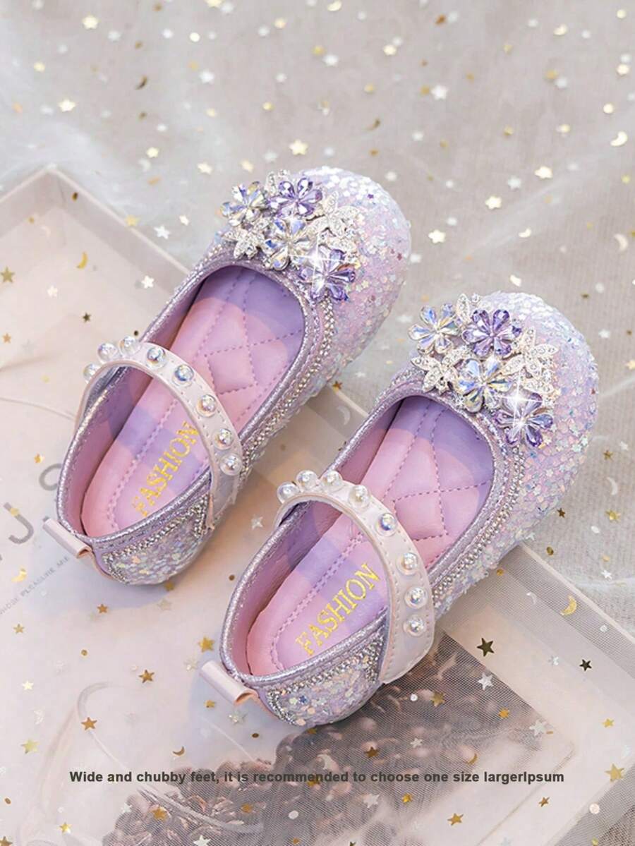 1 Pair Girls' Sequin & Rhinestone Mary Jane Shoes, Breathable Non-Slip Performance Dance Shoes - Mauve Purple - View 1