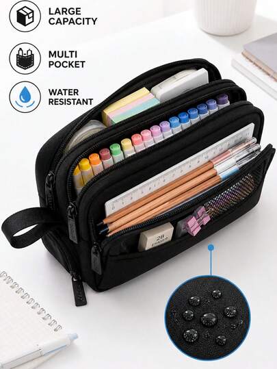 Large Capacity Zipper Pencil Case, Portable Multi-Compartment Pencil Pouch, Waterproof Durable Stationery Storage