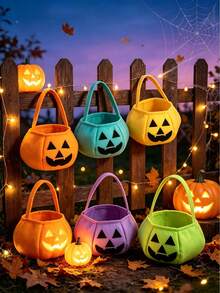 5/3/1pc Felt Jack-O'-Lantern Halloween Storage Basket With Handle, Neon Solid Color Pumpkin Face Storage Bucket, Reusable Handheld Gift Bag, Halloween Party Favor Autumn Holiday Decoration Halloween Accessory - Multicolor - View 3