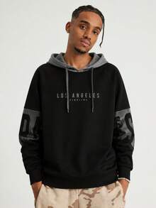 Men's Spring/Autumn Thin Colorblock Letter Print Drawstring Hooded Sweatshirt, Slim Fit Casual Sports Top - Black - View 1