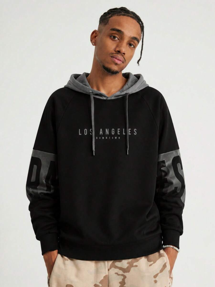 Men's Spring/Autumn Thin Colorblock Letter Print Drawstring Hooded Sweatshirt, Slim Fit Casual Sports Top - Black - View 1
