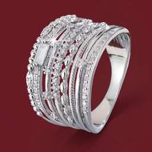 1pc Minimalist Geometric Parallel Lines Wide Band Design Cubic Zirconia Inlaid Fashion Ring For Women - Multicolor - View 1