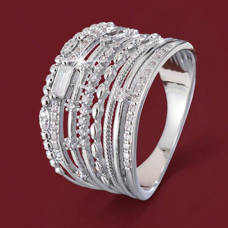 1pc Minimalist Geometric Parallel Lines Wide Band Design Cubic Zirconia Inlaid Fashion Ring For Women - Multicolor - View 1
