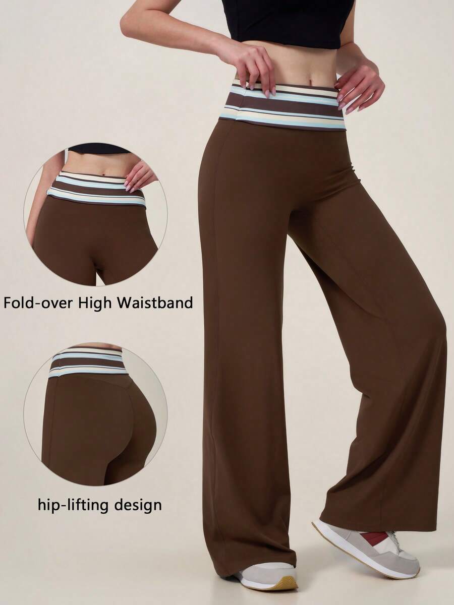 TimeOff 1pc Women's Fixed Waist Striped Wide Leg Sports Pants - Brown - View 1