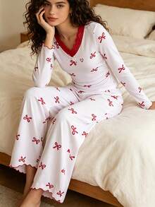 Autumn/Winter Girls' Red Bow Full Printed Lace Long Sleeved Long Pants Pajamas 2 Pieces Set,Soft Fabric,Girls' Leisure And Entertainment Home Clothes - White - View 1