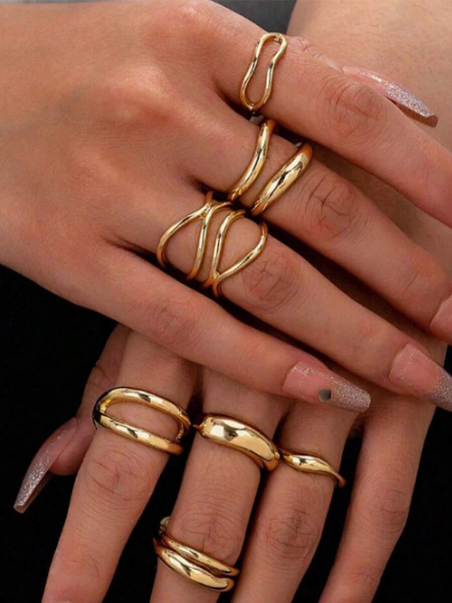7pcs Gold Metal Chunky Ring Set, Minimalist Cross Rings, Women's Stackable Simple Ring Jewelry - Gold - View 1