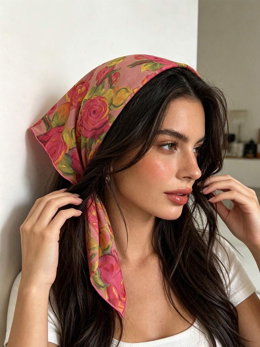 4/1pc Women's Vintage Rose Floral Print Triangular Headscarf, Soft Satin Flower Headwrap, Multi-Functional Retro Hair Accessory Suitable For Travel, Dating, Picnic, Photography, Oil Painting-Like Aesthetic - Multicolor - View 1