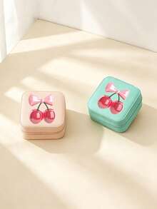 Cute Bow & Cherry Print Minimalist Jewelry Box, Portable Jewelry Storage Box, Summer Travel Jewelry Organizer For Earrings, Necklaces, Rings, Jewelry Display And Storage, Mini Jewelry Organizer, Large Capacity Jewelry Rack, Suitable For Earrings, Rings, Necklaces, Bracelets, Nail Art, Women's Gift Storage, Travel Essentials, Back To School Dorm Storage, Holiday Gift,Makeup Organizer,Room Decor - Multicolor - View 7