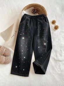 Spring/Autumn Elastic Waist Rhinestone Shiny Denim Jeans For Girls, Casual Holiday Long Pants, Children's Outerwear, Unisex For Boys And Girls - Multicolor - View 1