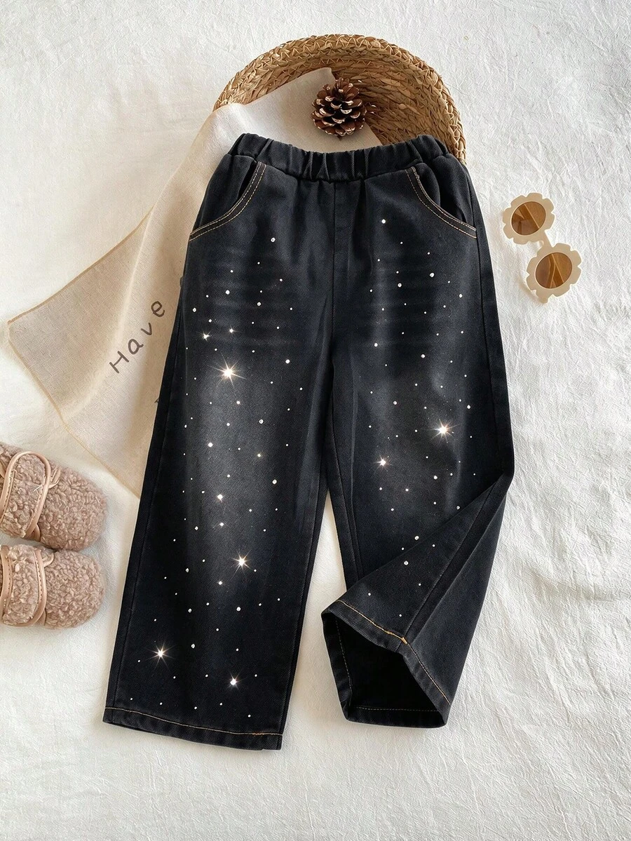 Spring/Autumn Elastic Waist Rhinestone Shiny Denim Jeans For Girls, Casual Holiday Long Pants, Children's Outerwear, Unisex For Boys And Girls - Multicolor - View 1