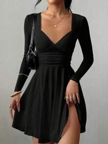 Sexy Fashion V-Neck Ruched Waist Ruffle Hem Long Sleeve Mini Dress, Spring/Summer New Arrival Black Elegant - Black - View 3
