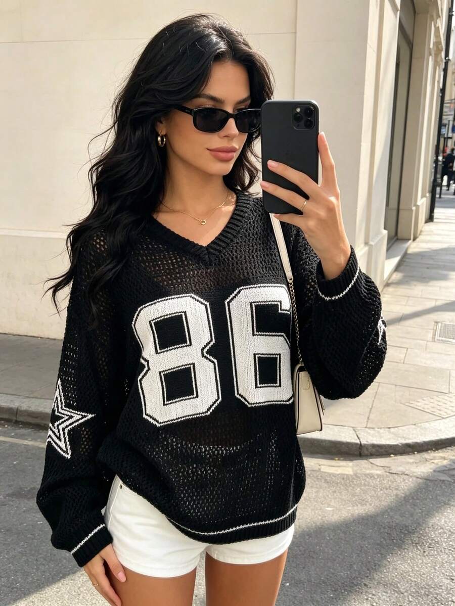 Women's Summer Couples Design Oversized Loose Sports Sweatshirt, Numeric Print Casual Effortless Style Sheer Hollow Knit Top Black Spring