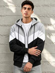 HEYKESON Men's Full Zip Hooded Jacket, Colorblock Patchwork Drawstring Hood Long Sleeve Casual Open Front Sweatshirt - Black - View 4