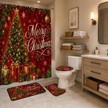 1pc/4pcs Christmas Red Christmas Tree Gift Multi-Function Bathroom Decor Shower Curtain Set, Free 12 Hooks, Premium Holiday Atmosphere, Bathroom Mat, U-Shaped Floor Mat And Round Toilet Lid Cover, Suitable For All Christmas Scenes Decoration - Christmas Tree - View 4