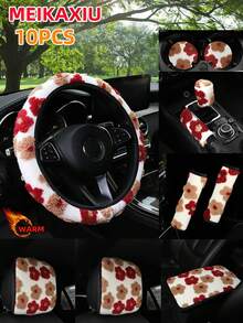 MEIKAXIU 3PCS-S,3PCS-H,4/6/8/10PCS Winter Plush Flower Car Accessories Multi-Piece Set, Car Steering Wheel Cover Without Inner Ring, Handbrake Cover, Gear Shift Cover, Shoulder Protector, Armrest Pad, Headrest Pad And Other Car Decoration Items For Women - Jacquard Plush Flowers - View 42