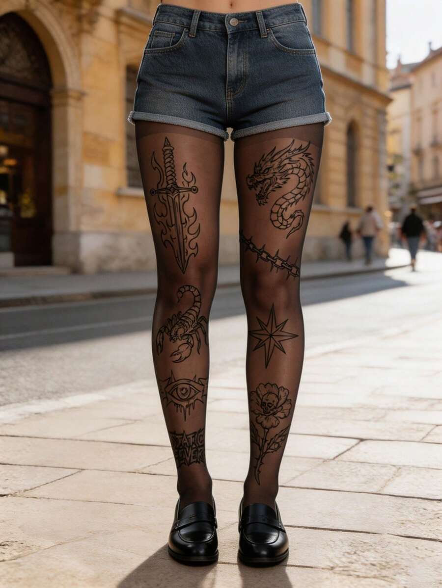 1 Pair Plus Size Women's Gothic Style Shaping Tights/Pantyhose, Unique Design - Multicolor - View 1
