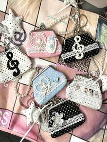 Lace Handmade Coin Purse, Vintage Polka Dot Music Note Bluetooth Earphone Bag, Lipstick Pouch, Keychain Pendant - Multicolor - View 8
