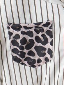 8-12 Years Old Tween Girls Spring/Autumn Fashion New White Striped Colorblock Leopard Print Lapel Long Sleeve Shirt Top - White - View 5
