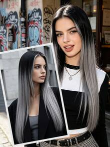 5件組黑色至灰色漸層夾式接髮 20英吋長直髮 合成纖維髮束 適用萬聖節 Cosplay 角色扮演服裝 時尚派對 聖誕節 新年 女性禮物 (黑色至灰色漸層) - 彩色 - 查看 3