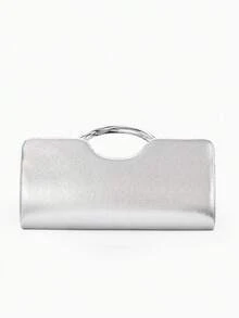 Minimal Evening Clutch, Long Rectangular Hard Frame Bag, PU Leather, Curved Silver Ring Handle, Women Stylish Handbag For Wedding & Evening Banquet - Silver - View 9