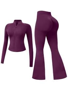 NcmRyu One Set Women's Seamless Ribbed Zip-Up Mock Neck Long Sleeve Flare Pants Sports Set - Purple - View 5