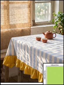 1pc Blue & White Large Plaid With Bright Yellow Ruffle Edge Tablecloth, Lively Pastoral Style Fabric Material, Rectangular Yellow Ruffle Edge Patchwork Detail Decoration, Functional Home Long Tablecloth Suitable For Family Gatherings And Vibrant Home Decor Scenes - Blue - View 13