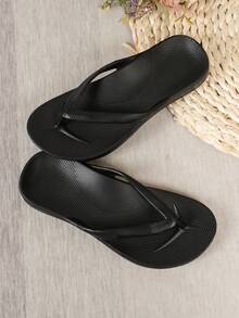Women's Spring/Summer Minimalist Solid Color Soft Comfortable Open Toe Thong Flip Flops, Indoor/Outdoor Beach Pool Casual Vacation Slip-On Sandals - Black - View 6
