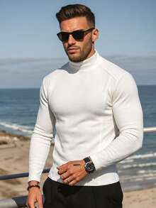 Men's Modal High Neck T-Shirt, Long Sleeve Pullover Thermal Base Layer, Suitable For Layering And Street Fashion Top. Gift For Boyfriend Or Husband - White - View 2