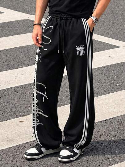 Zrgoth Men's Side Stripe Wide Leg Sweatpants, Shield Badge Handwritten Graffiti Print, Drawstring Elastic Waist, Street Style Loose Draped Casual Long Pants, Daily Wear