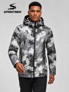 1pc Black And White Ink Wash All-Over Print Hooded Jacket For Men, Long Sleeve Jacket With Tie-Dye Camouflage Print Design, Outdoor Sports Style, Suitable For Hiking, Camping, Short Trips, Park Strolls, Commuting - Black - View 1