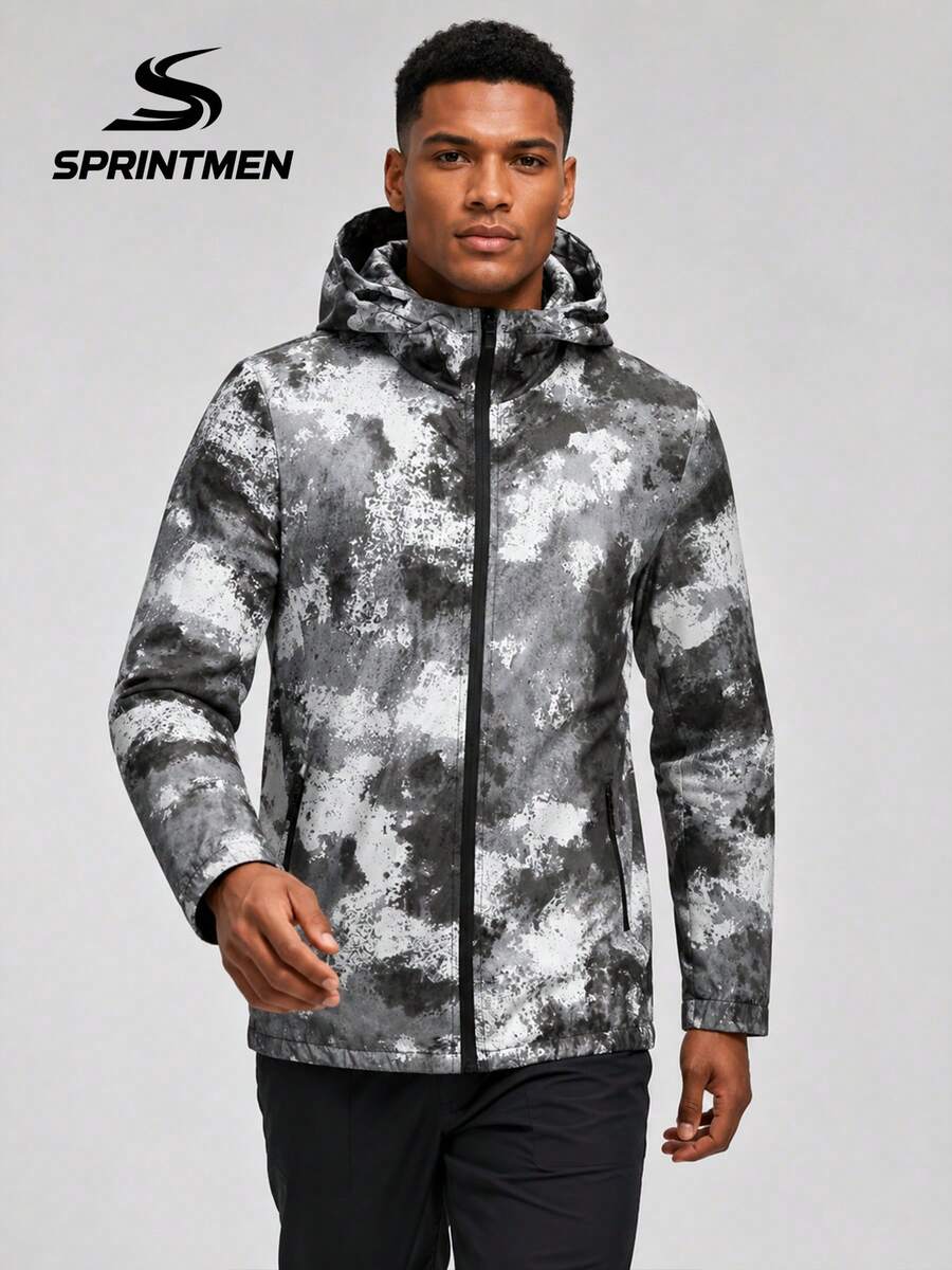 1pc Black And White Ink Wash All-Over Print Hooded Jacket For Men, Long Sleeve Jacket With Tie-Dye Camouflage Print Design, Outdoor Sports Style, Suitable For Hiking, Camping, Short Trips, Park Strolls, Commuting - Black - View 1