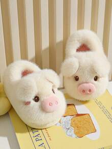 1 Pair Girls Cute Cartoon Winter Pig Baby Fuzzy Slippers Indoor/Outdoor Closed-Back Kids Slippers - White - View 4