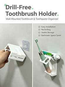1 pieza Soporte para cepillo de dientes sin taladro, almacenamiento integrado de cepillo de dientes y pasta de dientes, instalación adhesiva fácil, resistente al agua y estable, accesorio organizador de almacenamiento de pared para baño - Blanco - Ver 5