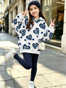 Tween Girls 2pcs Vintage Heart Print "Chill Chill" Pattern Hoodie And Leggings Set, Cute Summer Back To School Outfit, Y2K Campus Style - Multicolor - View 11