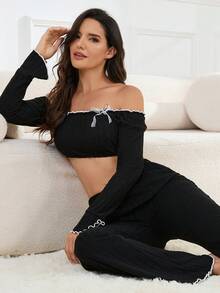 Women's Spring Autumn Winter Sweet Bow Fashion Ruffle Lace Solid Color Slim Fit Sexy Off-Shoulder Bell Sleeve Long Sleeve Casual Double Pocket Pants Comfortable Loungewear 2-Piece Set - Black - View 4