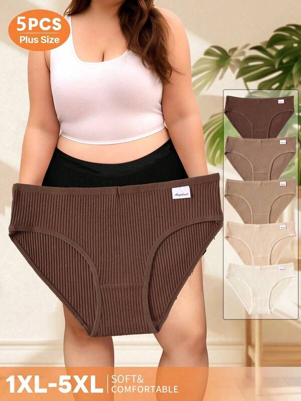 5 piezas de bragas de algodón para mujer talla grande: bragas cómodas acanaladas, textura acanalada, tela suave, diseño ligero