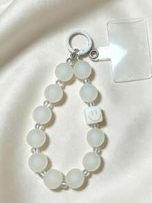 Y2K White Smiling Face Phone Lanyard, Frosted Transparent Beaded Phone Strap, Minimalist Cute Wristband - White - View 4