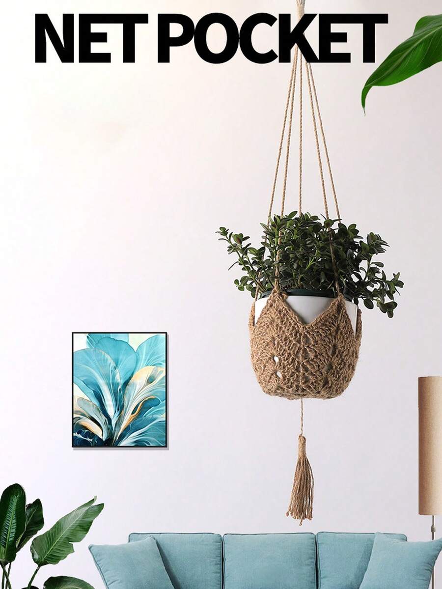 Jute Crochet Long Plant Hanging Basket, Suitable For 3-12 Inch Flower Pots, Woven Plant Hanging Rope With S-Hook, Home Decor - A - View 1