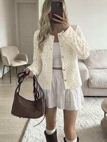 Women's Autumn Set: White Lace Long Sleeve Round Neck Jacket With Metal Buttons, Elegant And Minimalist, Suitable For Commuting And Daily Wear - Apricot - View 3