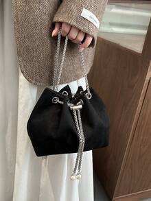 1pc Women's Fashion Commuter Solid Color All-Season Shoulder Bag, Portable Versatile Luxury Mini Drawstring Crossbody Bag, Suitable For Dating, Shopping, Gift - Black - View 4