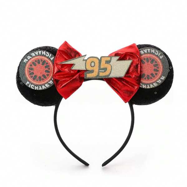 Disney 1pc Cars Lightning McQueen Ears Headband - Red Metallic Bow 95 Lightning Wheel Cute Hair Accessories