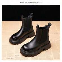 Women's New Solid Color Chunky Heel Ankle Boots, Autumn/Winter Fashion Chelsea Boots, Versatile Round Toe Elastic Band Ankle Boots, PU Material - Black - View 1