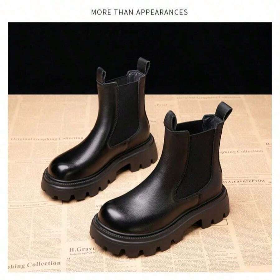 Women's New Solid Color Chunky Heel Ankle Boots, Autumn/Winter Fashion Chelsea Boots, Versatile Round Toe Elastic Band Ankle Boots, PU Material - Black - View 1