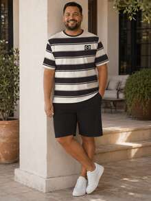 Plus Size Men's Striped Short Sleeve Loungewear Set, Letter Embroidered Top And Solid Color Shorts 2 Pieces Set, Loose Casual, Breathable Skin-Friendly, Spring/Summer Home Wear - Multicolor - View 4