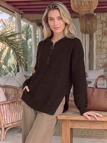 NiceArt Women's Autumn Dark Brown Blended Streetwear Knit Top, Hooded Half-Zip Drawstring Sweater, Winter Outfit, Suitable For Socializing And Night Out - Brown - View 4